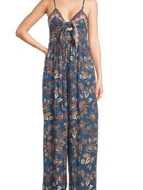 Angie Teal Floral Spaghetti-Strap Maxi Jumpsuit